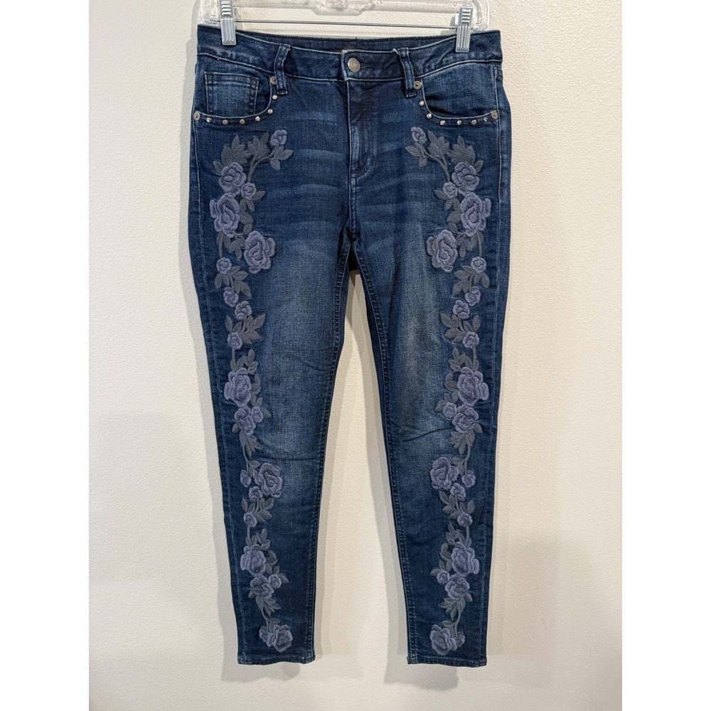 MISS ME Skinny Jeans Women Size 27 Blue Floral Embroidered‎ Studded Embellished